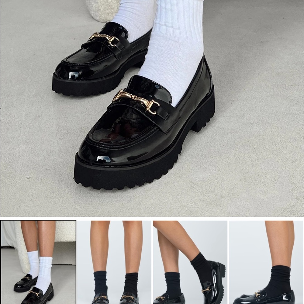 Princess Polly Shiny Black Loafers with Gold Accent